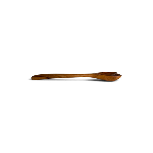 Side profile view of an 18cm heart teak spoon displaying its slender handle.
