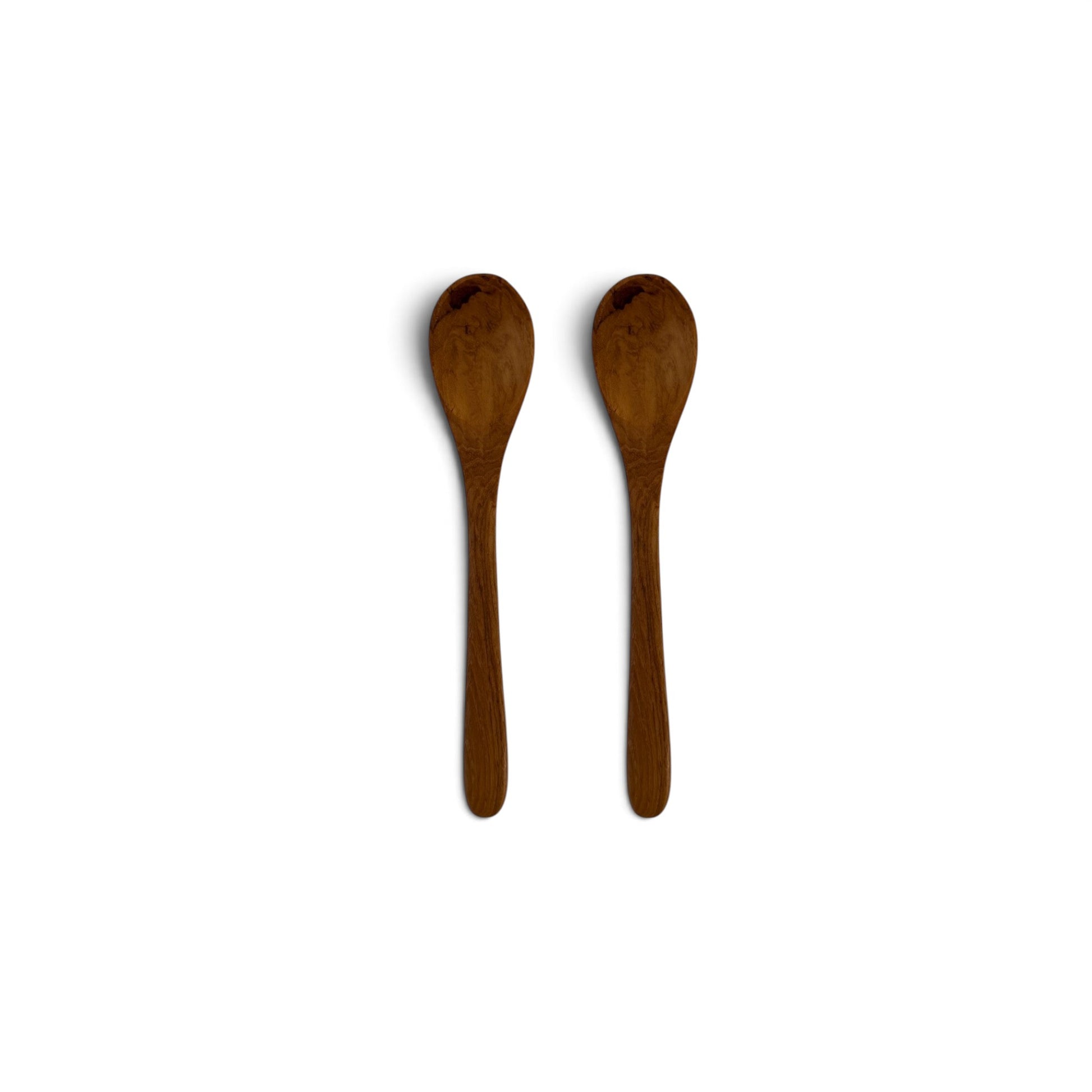 Pair of hand-carved mini teak wood spoons side-by-side on a clean white background.