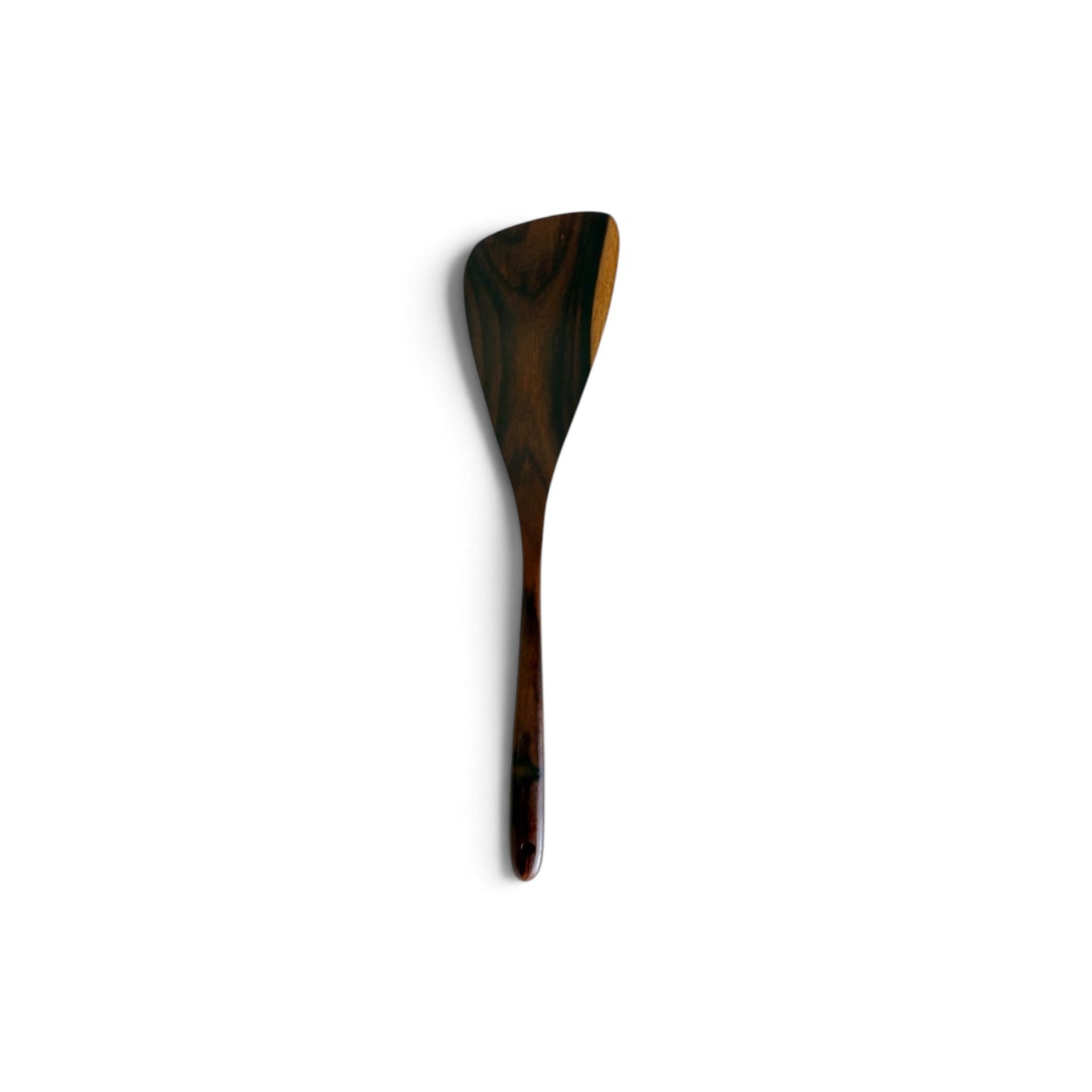 Hand-carved large dark teak wood paddle with an asymmetrical angled head on a white background.