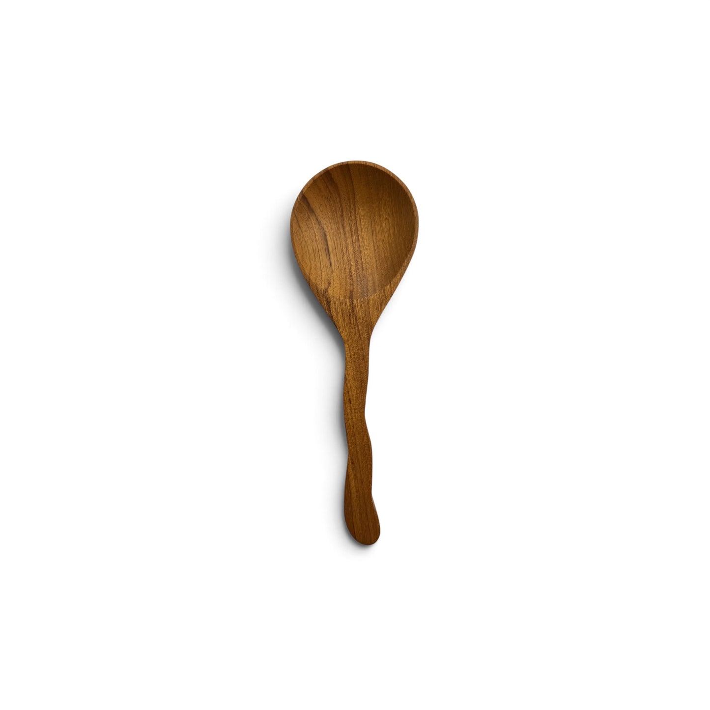 Hand-carved teak wood serving spoon with a wavy handle on a white background.