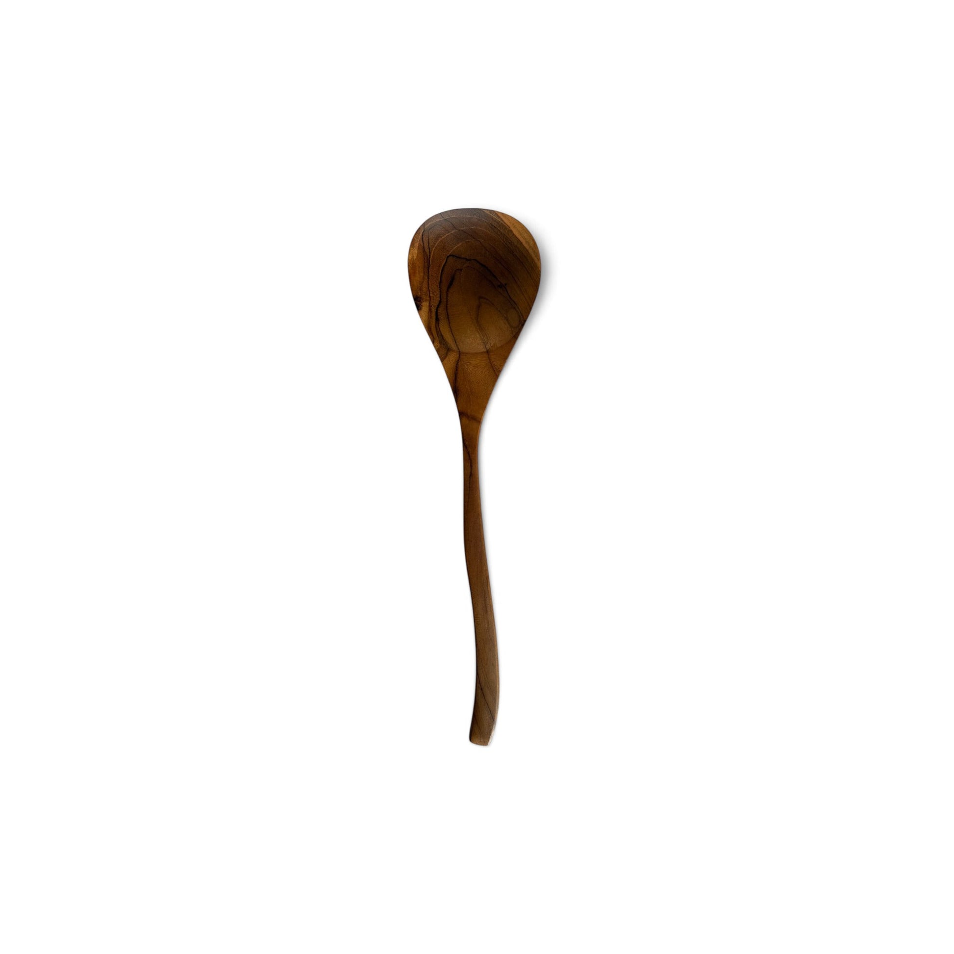 Top-down view of a 32cm fluid long-handled teak serving spoon on a white background.