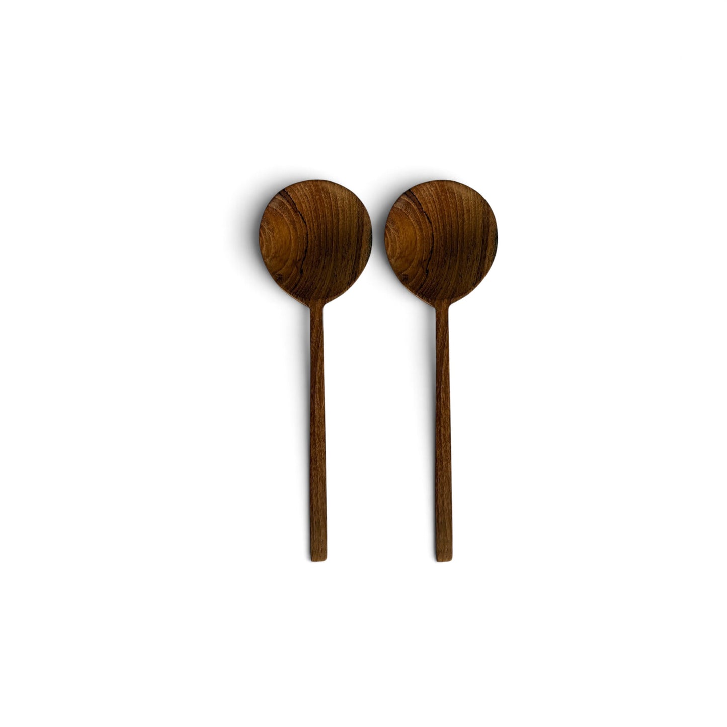 Pair of hand-carved round-head teak wood stirring spoons side-by-side on a white background.