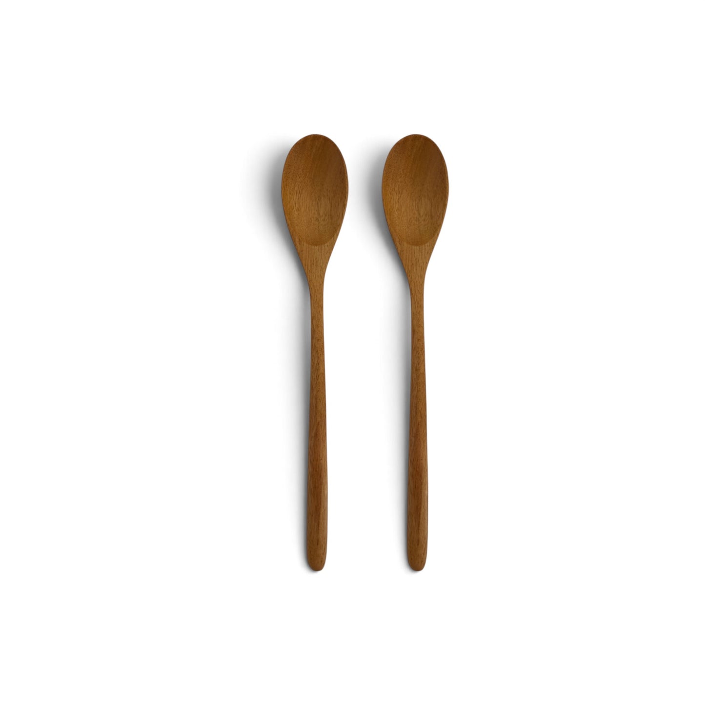 Pair of hand-carved teak wood spoons side-by-side on a clean white background.