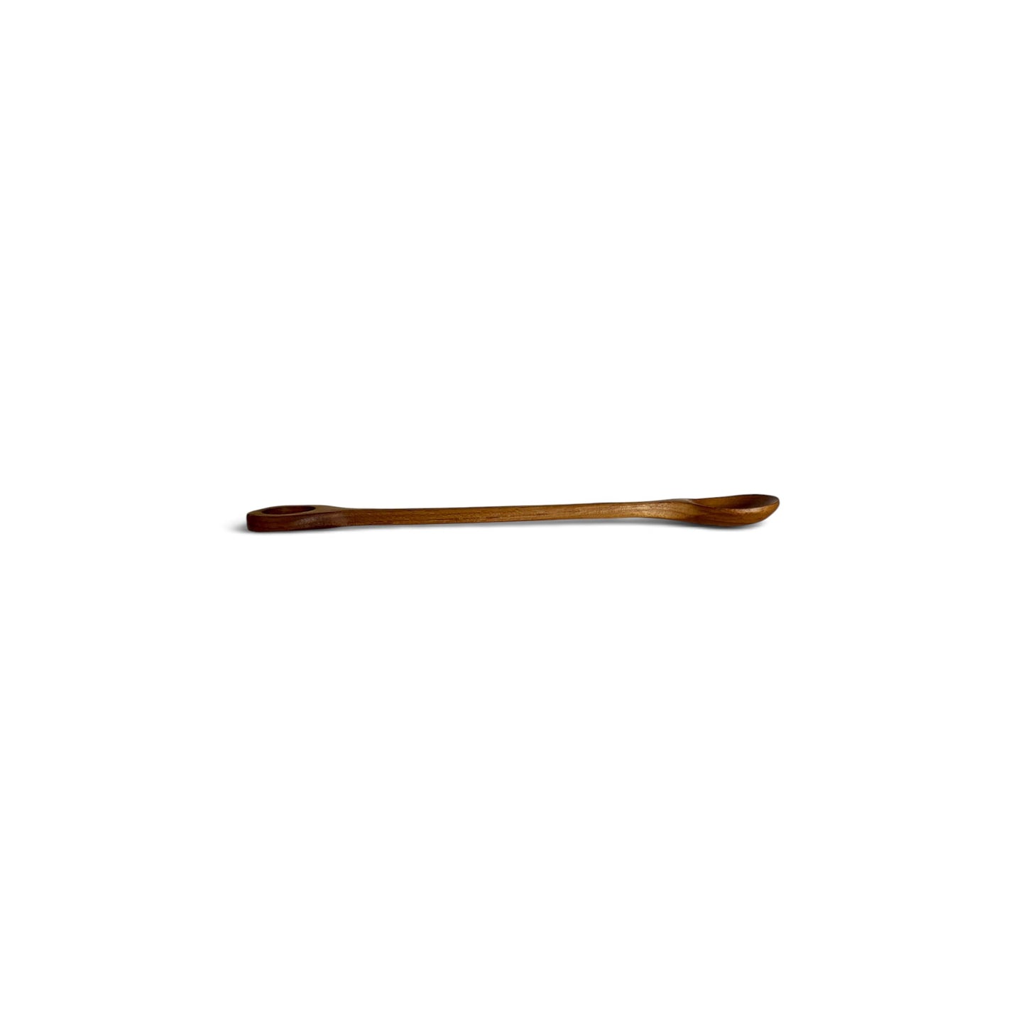 Side profile view of a slender 23cm teak wood spoon on a white background.