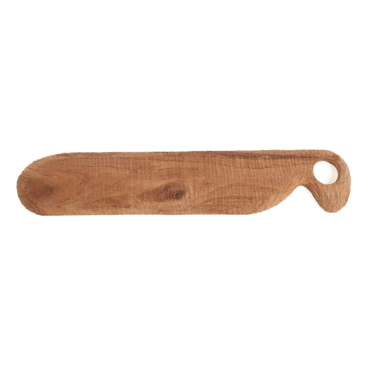 Slender teak wood bread server with hand-carved textures.