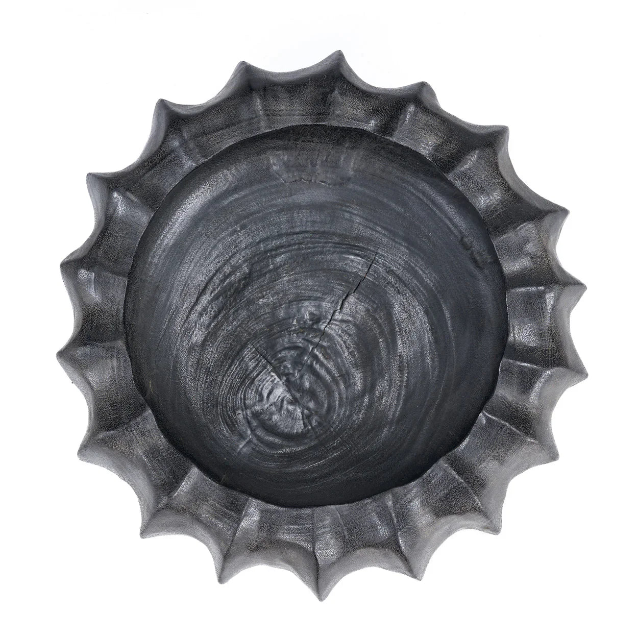 Large, heavy hand-carved mango wood bowl with a deep black finish and sculptural texture.
