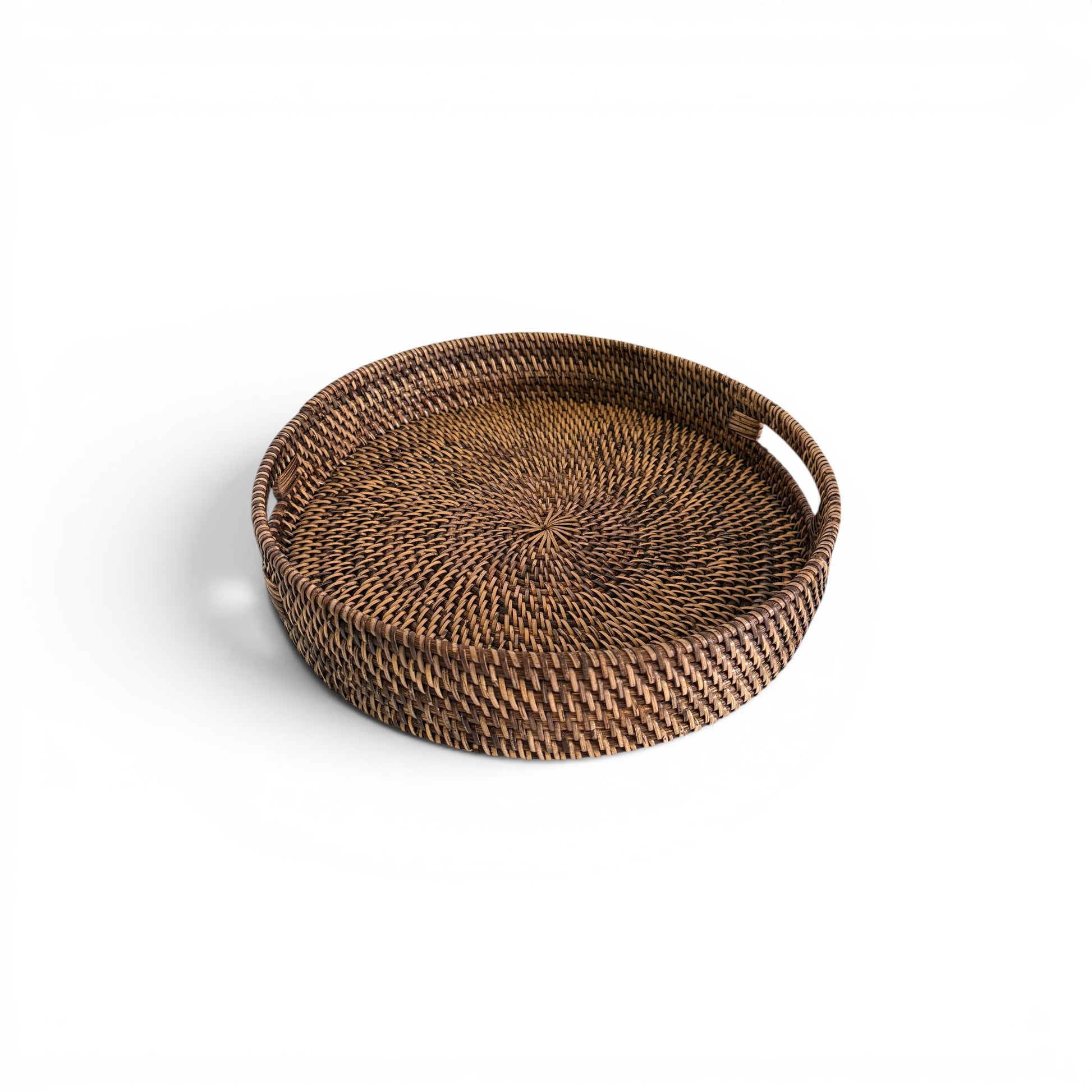 Round hand-woven natural rattan tray with deep rim and integrated handles, nested set view - Malta