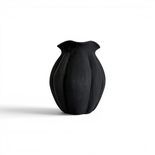 Fluted matte black terracotta vase with a bulbous lobed silhouette and flared wavy rim - Malta