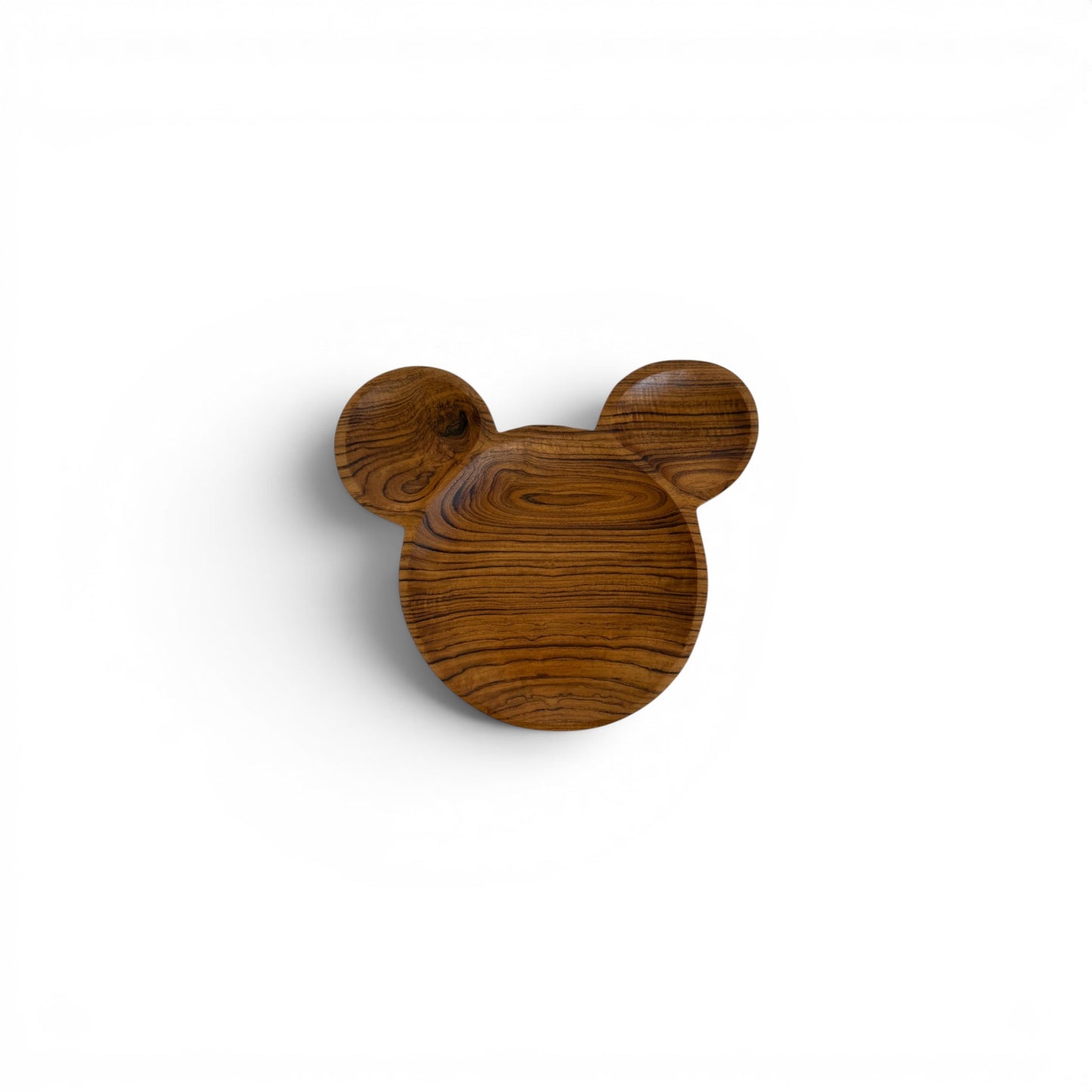 Hand-carved solid teak bear-shaped serving platter showcasing rich wood grain details.