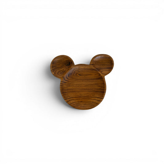 Hand-carved solid teak bear-shaped serving platter showcasing rich wood grain details.