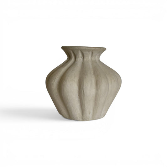 Compact, sandy-beige terracotta vase with deep organic vertical ridges forming a scalloped, bulbous shape with a flared top opening