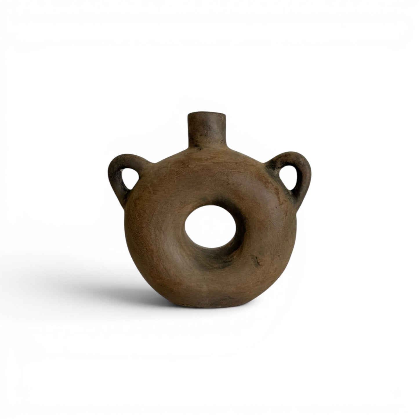 Compact earthy brown terracotta vase with a unique circular donut hole center, a short narrow neck spout, and two small loop side handles.