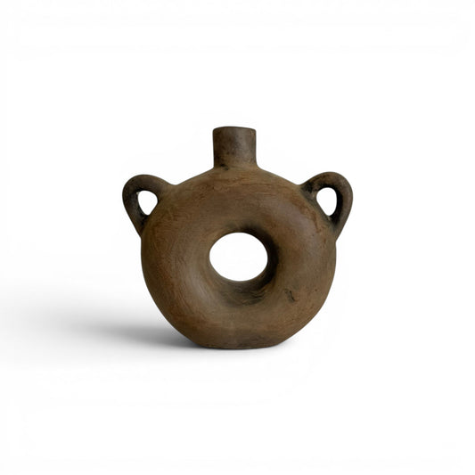 Compact earthy brown terracotta vase with a unique circular donut hole center, a short narrow neck spout, and two small loop side handles.