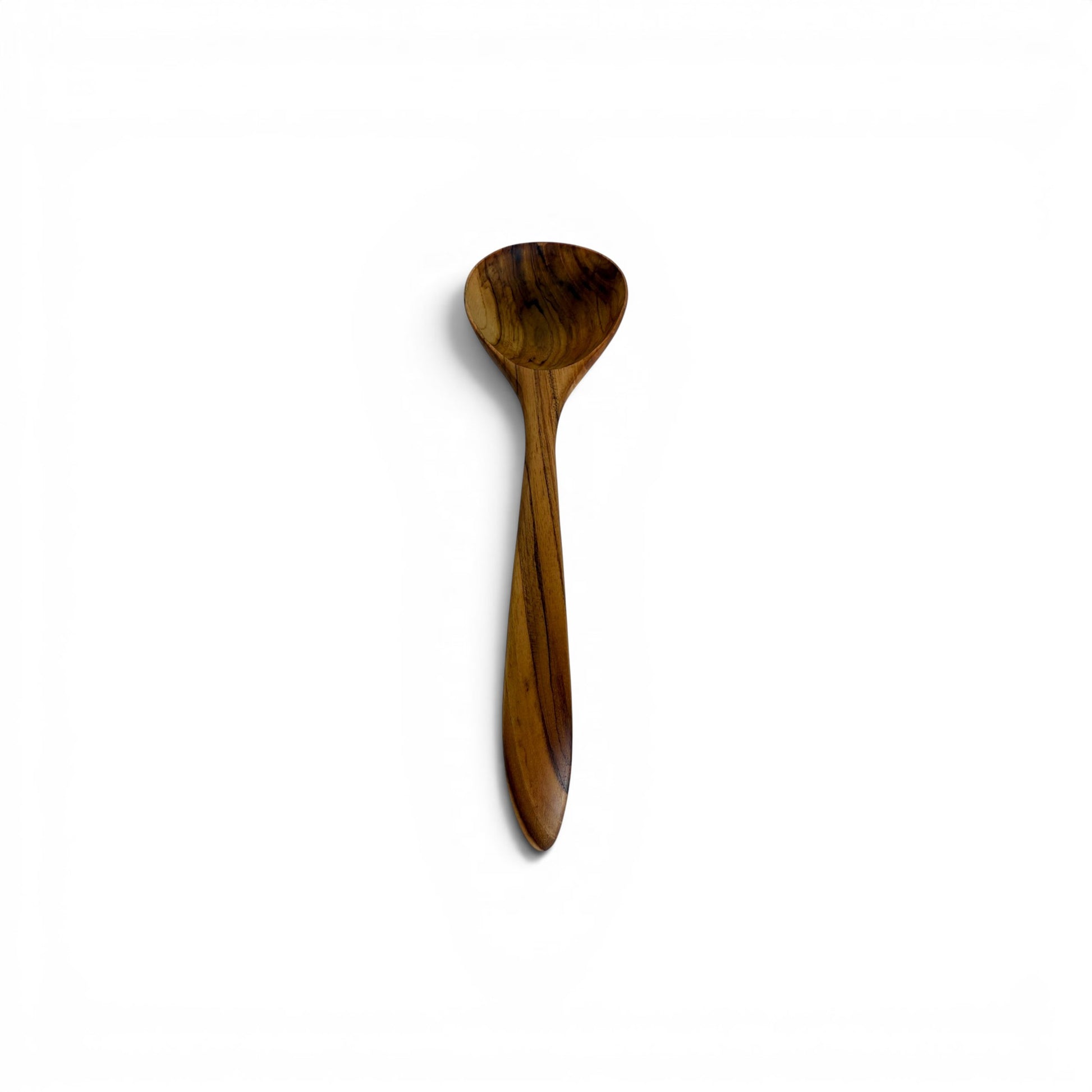Overhead flat lay view of a 27cm deep curve teak serving spoon on a white background.