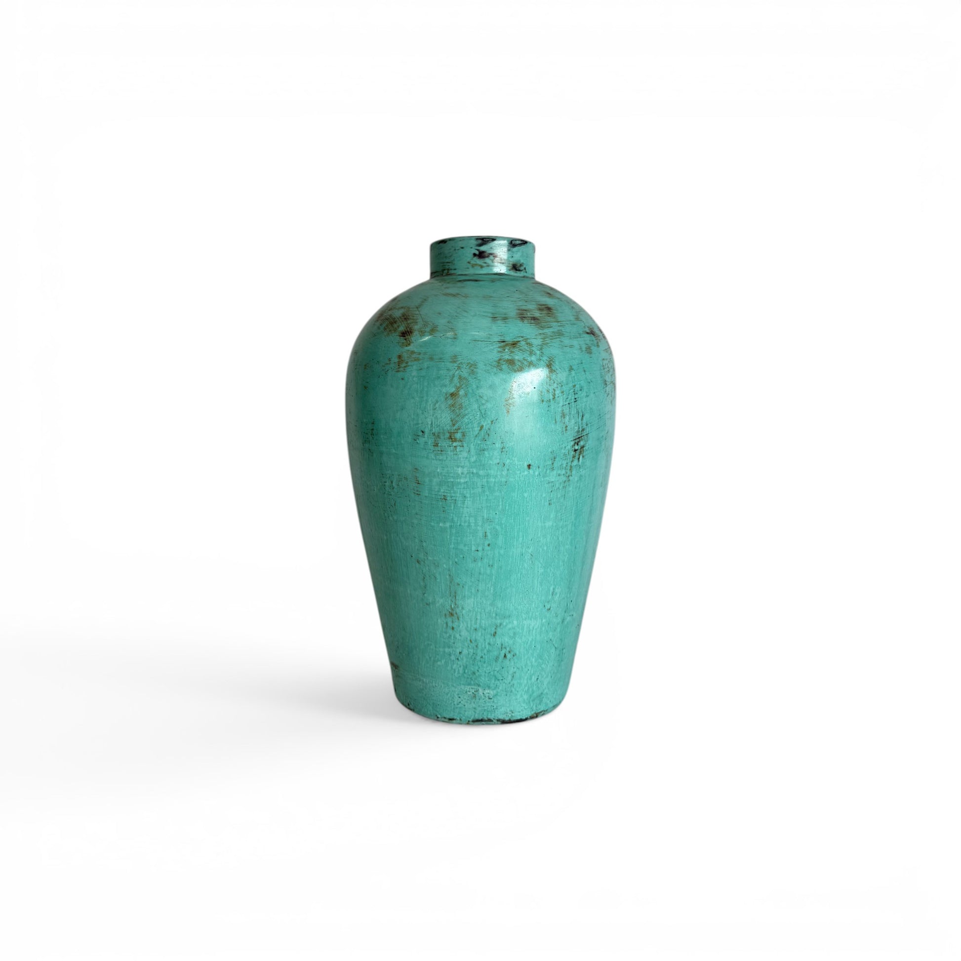 Distressed turquoise blue terracotta urn vase with textured antique patina finish, Kelani collection