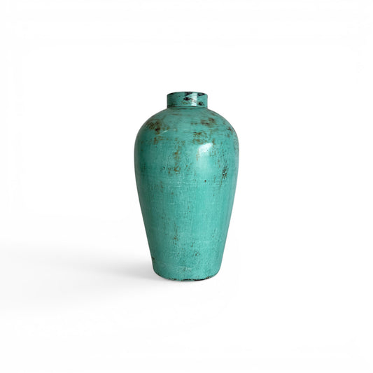 Distressed turquoise blue terracotta urn vase with textured antique patina finish, Kelani collection