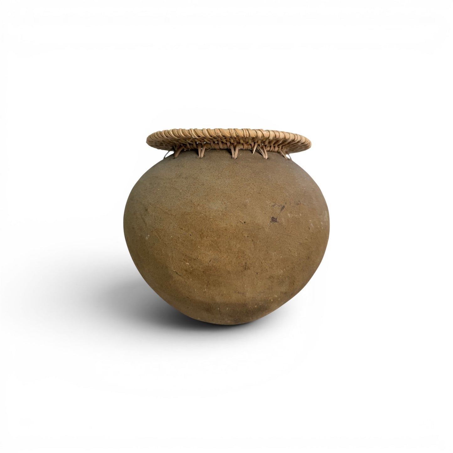 Bulbous earthy brown terracotta vase with an intricately woven natural rattan rim detail - Malta