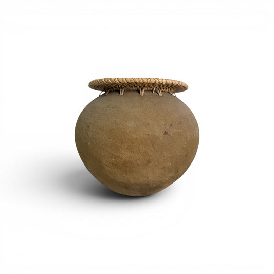 Bulbous earthy brown terracotta vase with an intricately woven natural rattan rim detail - Malta