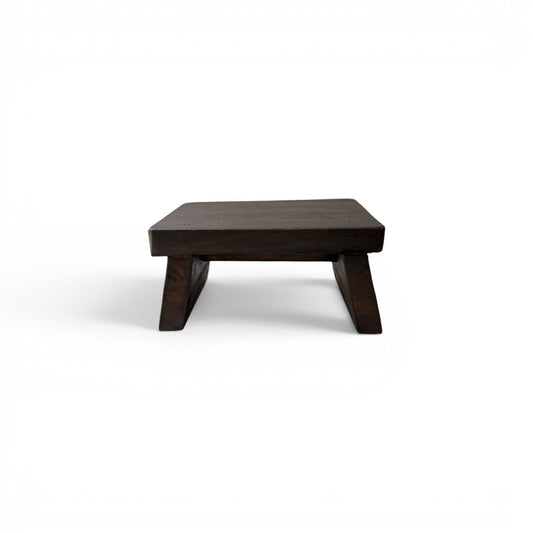 Low aged teak wood styling pedestal with angled slab legs