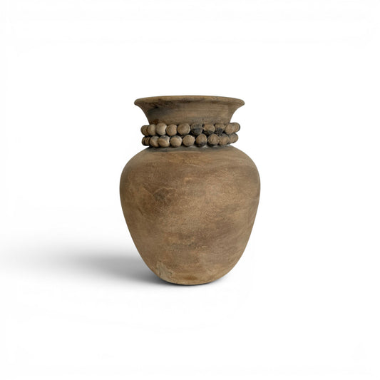 Tall earthy brown terracotta vase with a flared rim and two rows of sculpted clay beads forming a decorative collar. Handmade vessel Malta